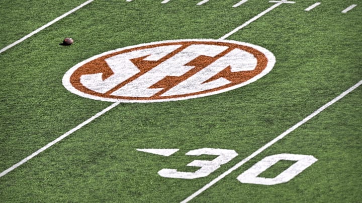 The SEC logo sits on Texas's home field before its CFP game against Clemson in 2024.