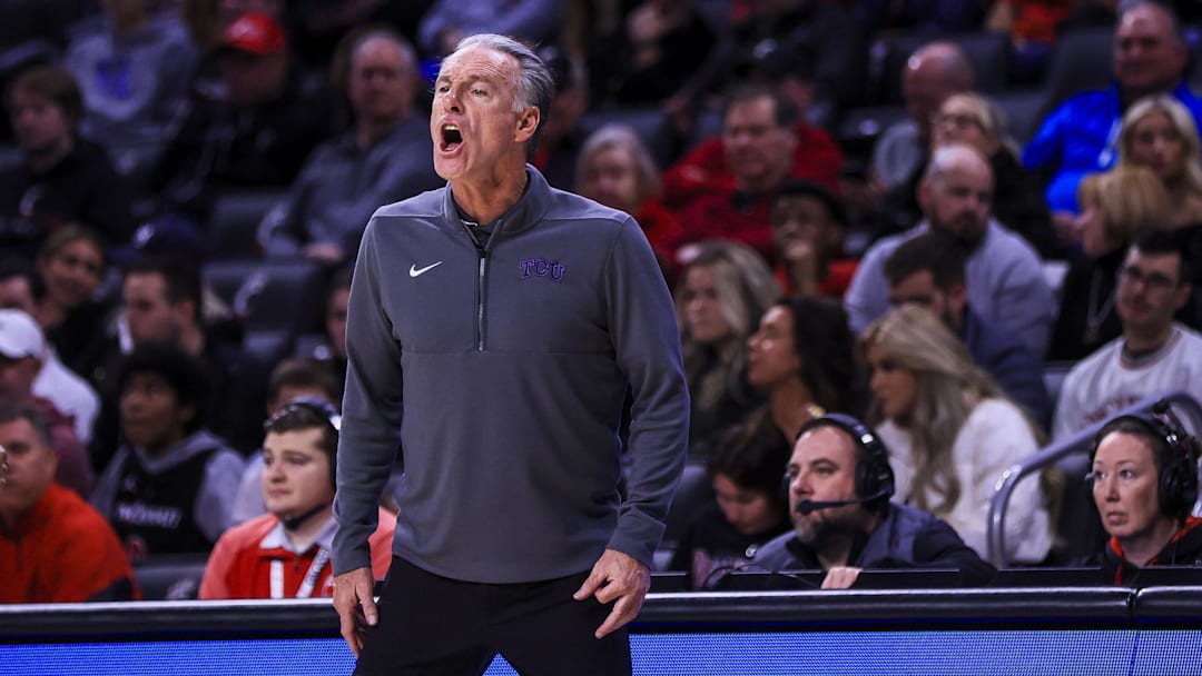 Feb 22, 2025; Cincinnati, Ohio, USA; TCU Horned Frogs head coach Jamie Dixon during the first half against the Cincinnati Bearcats at Fifth Third Arena. Mandatory Credit: Katie Stratman-Imagn Images