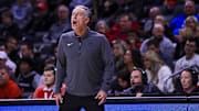 Feb 22, 2025; Cincinnati, Ohio, USA; TCU Horned Frogs head coach Jamie Dixon during the first half against the Cincinnati Bearcats at Fifth Third Arena. Mandatory Credit: Katie Stratman-Imagn Images