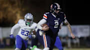 Nashville Christian's Jared Curtis (2) runs the ball during their game against Jackson Christian at Nashville Christian School Friday, Nov. 14, 2021.