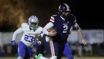Nashville Christian's Jared Curtis (2) runs the ball during their game against Jackson Christian at Nashville Christian School Friday, Nov. 14, 2021.