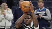 Minnesota Timberwolves guard Anthony Edwards prepares to play the Brooklyn Nets before the game at Target Center in Minneapolis on April 11, 2025.