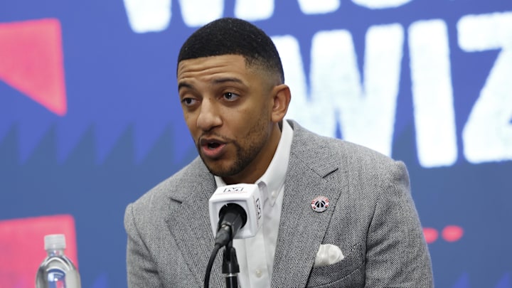 Jan 9, 2026; Washington, District of Columbia, USA; Washington Wizards general manager Will Dawkins  introduces newly acquired Wizards guard Trae Young (not pictured) at a press conference prior to the Wizards' game against the New Orleans Pelicans at Capital One Arena. Mandatory Credit: Geoff Burke-Imagn Images