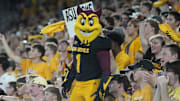 ASU Sun Devils mascot Sparky stands in the crowd as they play against the Houston Cougars at Mountain America Stadium in Tempe on Oct. 25, 2025.