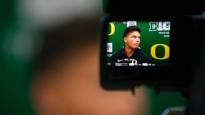 Oregon quarterback Dillon Gabriel appears on a camera screen during Oregon football’s media day Monday, July 29, 2024 at Autzen Stadium in Eugene, Ore.