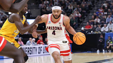 Mar 21, 2024; Salt Lake City, UT, USA;  Arizona Wildcats guard Kylan Boswell (4) dribbles the ball