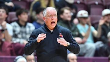 Feb 5, 2025; Blacksburg, Virginia, USA;  Virginia Tech Hokies head coach Mike Young questions a call against the Southern Methodist Mustangs during the second half at Cassell Coliseum. Mandatory Credit: Brian Bishop-Imagn Images