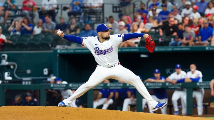 Jul 24, 2024; Arlington, Texas, USA; Texas Rangers starting pitcher Nathan Eovaldi (17) throws during the first inning against the Chicago White Sox at Globe Life Field. Mandatory Credit: Kevin Jairaj-USA TODAY Sports