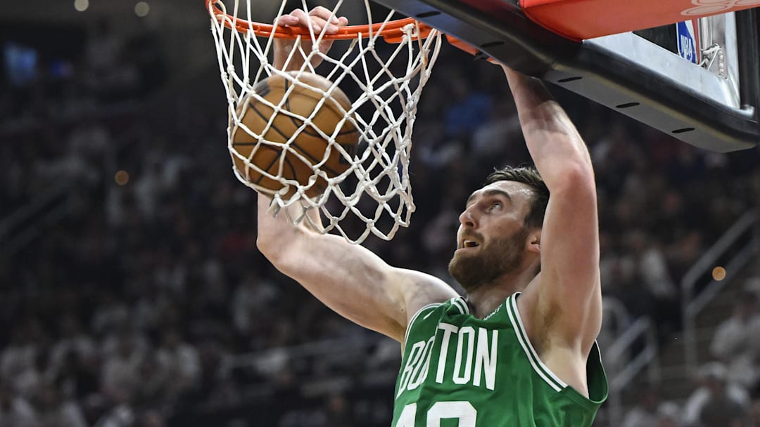 May 13, 2024; Cleveland, Ohio, USA; Boston Celtics center Luke Kornet (40) dunks against the Cleveland Cavaliers in the second quarter of game four of the second round for the 2024 NBA playoffs at Rocket Mortgage FieldHouse. Mandatory Credit: David Richard-Imagn Images