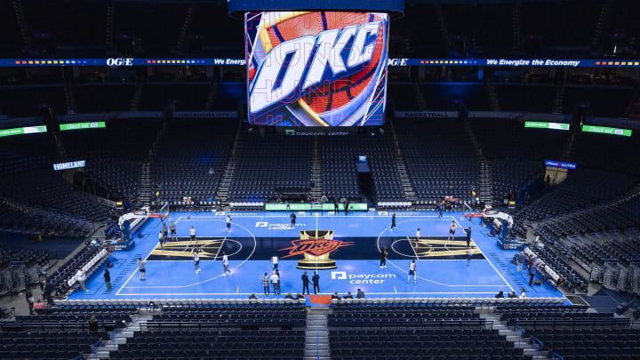 Nov 3, 2023; Oklahoma City, Oklahoma, USA; A view of the tournament court before the game between the Golden State Warriors and Oklahoma City Thunder at Paycom Center. Mandatory Credit: Alonzo Adams-USA TODAY Sports