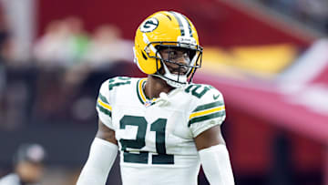 Oct 19, 2025; Glendale, Arizona, USA; Green Bay Packers cornerback Nate Hobbs (21) against the Arizona Cardinals at State Farm Stadium. Mandatory Credit: Mark J. Rebilas-Imagn Images