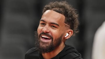 Trae Young #11 of the Atlanta Hawks warms up before facing the Portland Trail Blazers.