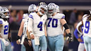 Dallas Cowboys quarterback Dak Prescott and guard Zack Martin celebrate during the second half against the Seattle Seahawks.
