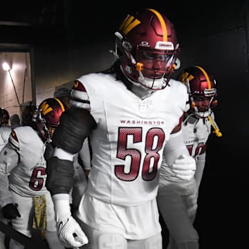 Nov 14, 2024; Philadelphia, Pennsylvania, USA; Washington Commanders linebacker Jordan Magee (58) against the Philadelphia Eagles at Lincoln Financial Field. Mandatory Credit: Eric Hartline-Imagn Images