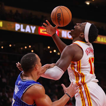 Desmond Bane fouls Onyeka Okongwu during the Magic-Hawks game. Bane would be asked to leave. 