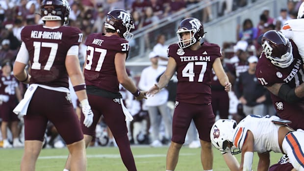 Sep 27, 2025; College Station, Texas, USA; Texas A&M Aggies place kicker Randy Bond (47) reacts after making a field goal
