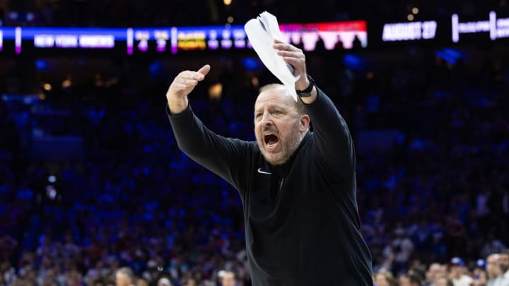 May 2, 2024; Philadelphia, Pennsylvania, USA; New York Knicks head coach Tom Thibodeau during the second half of game six of the first round for the 2024 NBA playoffs against the Philadelphia 76ers at Wells Fargo Center. Mandatory Credit: Bill Streicher-USA TODAY Sports