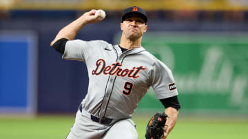 Apr 24, 2024; St. Petersburg, Florida, USA;  Detroit Tigers pitcher Jack Flaherty (9)