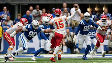 Indianapolis Colts defensive tackle Grover Stewart (90) applies pressure to Kansas City Chiefs