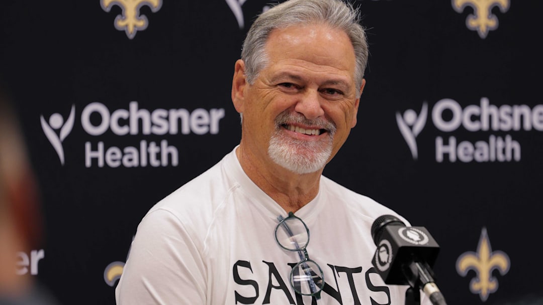 Jul 26, 2022; New Orleans, Louisiana, US;  New Orleans Saints general manager Mickey Loomis at training camp press conference at Ochsner Sports Performance Center. Mandatory Credit: Stephen Lew-Imagn Images