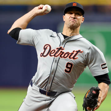 Apr 24, 2024; St. Petersburg, Florida, USA;  Detroit Tigers pitcher Jack Flaherty (9) throws a pitch against the Tampa Bay Rays in the first inning at Tropicana Field.