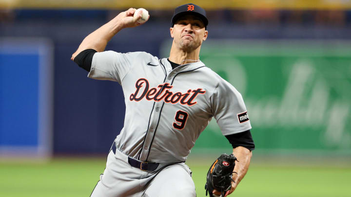 Apr 24, 2024; St. Petersburg, Florida, USA;  Detroit Tigers pitcher Jack Flaherty (9) throws a pitch against the Tampa Bay Rays in the first inning at Tropicana Field.