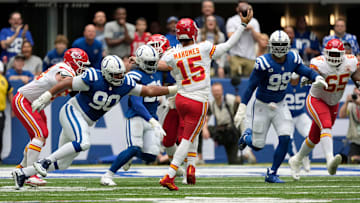 Indianapolis Colts defensive tackle Grover Stewart (90) applies pressure to Kansas City Chiefs quarterback Patrick Mahomes (15) Sunday, Sept. 25, 2022, during a game against the Kansas City Chiefs at Lucas Oil Stadium in Indianapolis.