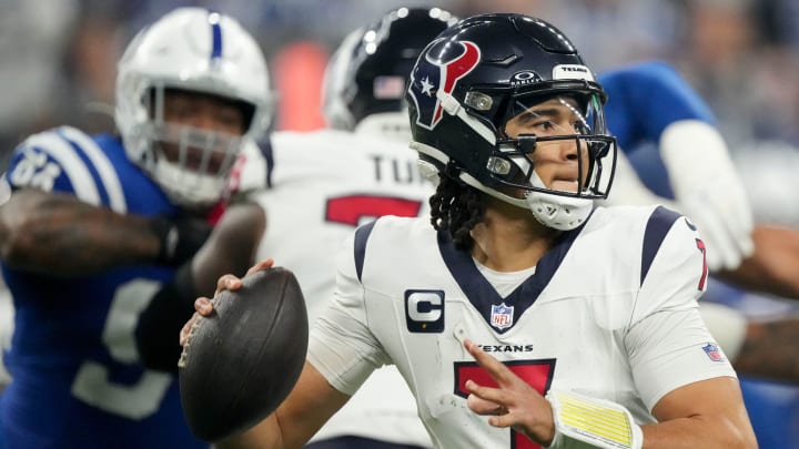 Houston Texans quarterback C.J. Stroud (7) draws back to pass Saturday, Jan. 6, 2024, during a game against the Colts at Lucas Oil Stadium in Indianapolis.