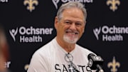 Jul 26, 2022; New Orleans, Louisiana, US;  New Orleans Saints general manager Mickey Loomis at training camp press conference at Ochsner Sports Performance Center. Mandatory Credit: Stephen Lew-Imagn Images