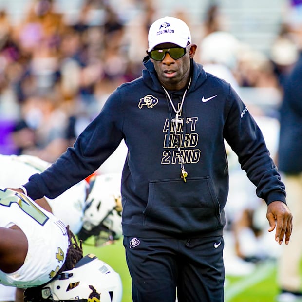 Oct 4, 2025; Fort Worth, Texas, USA; Colorado Buffaloes head coach Deion Sanders on the field during warm ups prior to a game