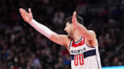 Nov 21, 2025; Toronto, Ontario, CAN;  Tristan Vukcevic (00) of the Washington Wizards reacts after a cal lat a NBA game against the Toronto Raptors during the second half at Scotiabank Arena. Mandatory Credit: Kevin Sousa-Imagn Images