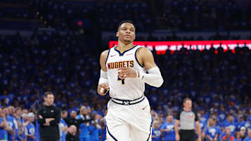 May 18, 2025; Oklahoma City, Oklahoma, USA; Denver Nuggets guard Russell Westbrook. Mandatory Credit: Alonzo Adams-Imagn Images