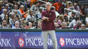 Feb 3, 2024; Coral Gables, Florida, USA; Virginia Tech Hokies head coach Mike Young watches from the sideline against the Miami Hurricanes during the first half at Watsco Center. Mandatory Credit: Sam Navarro-USA TODAY Sports