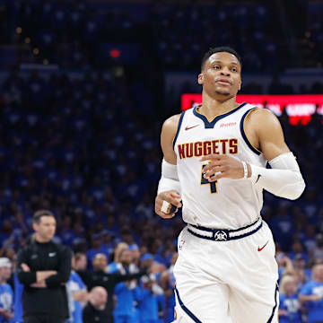 Denver Nuggets guard Russell Westbrook runs down the court against the Oklahoma City Thunder. Mandatory Credit: Alonzo Adams-Imagn Images