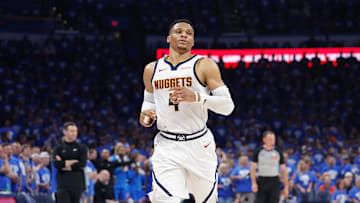 May 18, 2025; Oklahoma City, Oklahoma, USA; Denver Nuggets guard Russell Westbrook (4) runs down the court against the Oklahoma City Thunder in the second quarter during game seven of the second round for the 2025 NBA Playoffs at Paycom Center. Mandatory Credit: Alonzo Adams-Imagn Images
