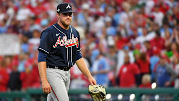 Oct 11, 2023; Philadelphia, Pennsylvania, USA; Atlanta Braves starting pitcher Bryce Elder (55) walks off the field after being pulled from the game during the third inning against the Philadelphia Phillies in game three of the NLDS for the 2023 MLB playoffs at Citizens Bank Park. Mandatory Credit: Eric Hartline-Imagn Images