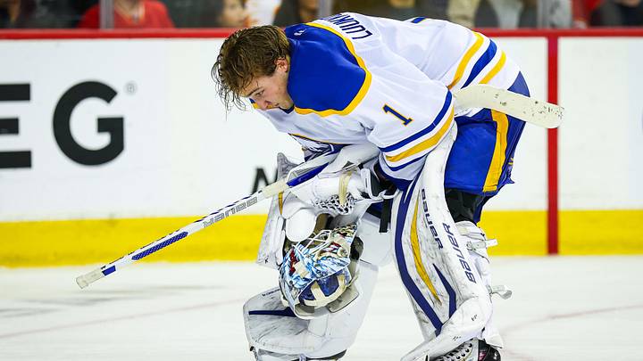 Dec 8, 2025; Calgary, Alberta, CAN; Buffalo Sabres goaltender Ukko-Pekka Luukkonen (1) against the Calgary Flames during the second period at Scotiabank Saddledome. Mandatory Credit: Sergei Belski-Imagn Images