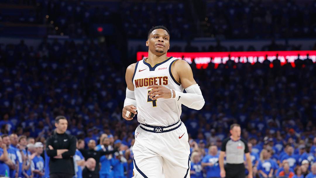 May 18, 2025; Oklahoma City, Oklahoma, USA; Denver Nuggets guard Russell Westbrook (4) runs down the court against the Oklahoma City Thunder in the second quarter during game seven of the second round for the 2025 NBA Playoffs at Paycom Center. Mandatory Credit: Alonzo Adams-Imagn Images