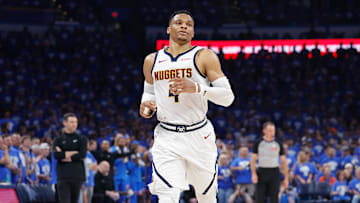 May 18, 2025; Oklahoma City, Oklahoma, USA; Denver Nuggets guard Russell Westbrook (4) runs down the court against the Oklahoma City Thunder in the second quarter during game seven of the second round for the 2025 NBA Playoffs at Paycom Center. Mandatory Credit: Alonzo Adams-Imagn Images