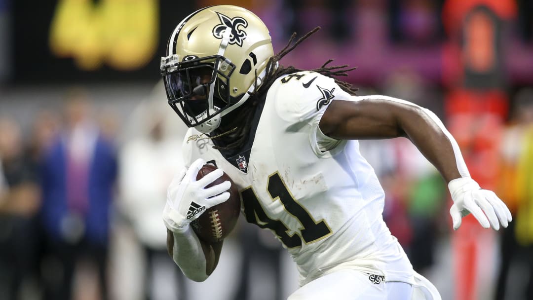 Sep 11, 2022; Atlanta, Georgia, USA; New Orleans Saints running back Alvin Kamara (41) runs the ball against the Atlanta Falcons in the first quarter at Mercedes-Benz Stadium. Mandatory Credit: Brett Davis-USA TODAY Sports