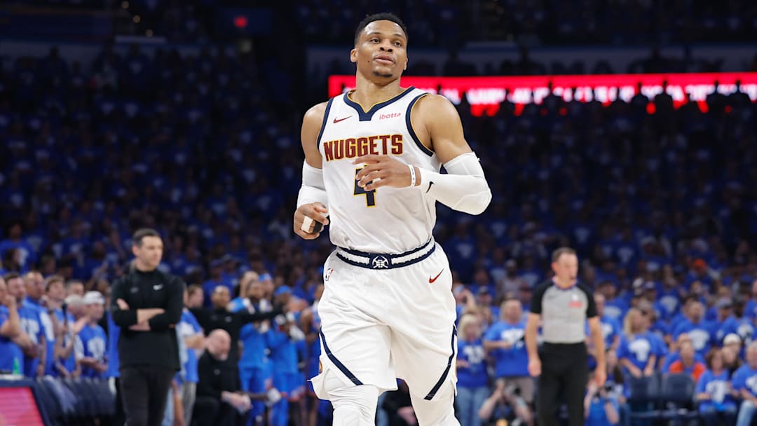May 18, 2025; Oklahoma City, Oklahoma, USA; Denver Nuggets guard Russell Westbrook (4) runs down the court against the Oklahoma City Thunder in the second quarter during game seven of the second round for the 2025 NBA Playoffs at Paycom Center. Mandatory Credit: Alonzo Adams-Imagn Images