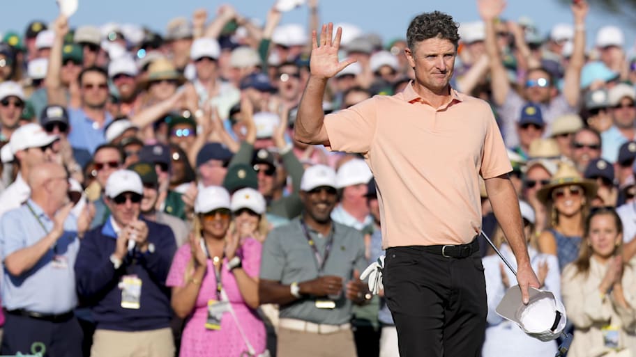 Justin Rose celebrates after putting for birdie and finishing his round during the final round of the 2025Masters Tournament.