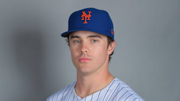 Feb 20, 2025; Port St. Lucie, FL, USA; New York Mets outfielder Drew Gilbert (89) poses for a photo during picture day at Clover Park. Mandatory Credit: Sam Navarro-Imagn Images