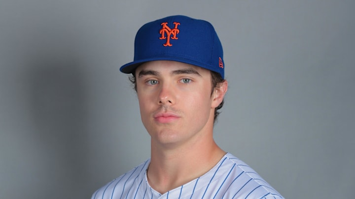 Feb 20, 2025; Port St. Lucie, FL, USA; New York Mets outfielder Drew Gilbert (89) poses for a photo during picture day at Clover Park. Mandatory Credit: Sam Navarro-Imagn Images