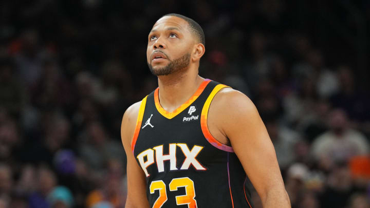 Apr 3, 2024; Phoenix, Arizona, USA; Phoenix Suns guard Eric Gordon (23) looks on against the Cleveland Cavaliers during the first half at Footprint Center. Mandatory Credit: Joe Camporeale-USA TODAY Sports