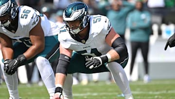 Sep 21, 2025; Philadelphia, Pennsylvania, USA;  Philadelphia Eagles center Cam Jurgens (51) against the Los Angeles Rams at Lincoln Financial Field. Mandatory Credit: Eric Hartline-Imagn Images