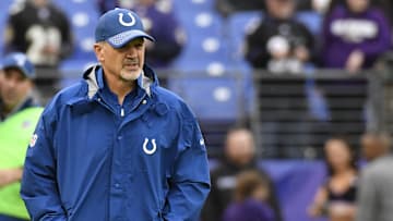 Indianapolis Colts head coach Chuck Pagano walks across the field prior to the game against the Baltimore Ravens.