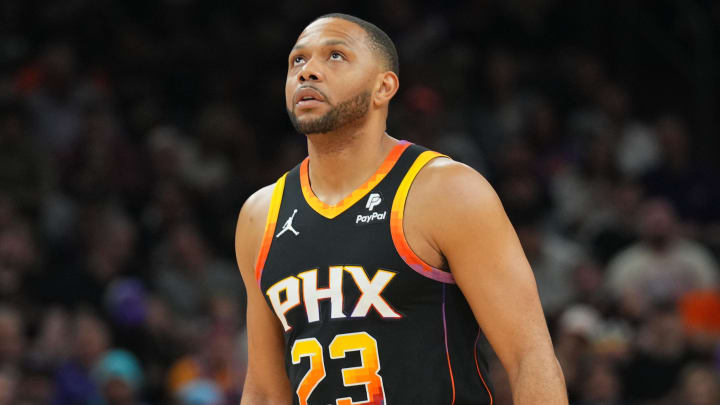 Apr 3, 2024; Phoenix, Arizona, USA; Phoenix Suns guard Eric Gordon (23) looks on against the Cleveland Cavaliers during the first half at Footprint Center. Mandatory Credit: Joe Camporeale-USA TODAY Sports