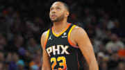 Apr 3, 2024; Phoenix, Arizona, USA; Phoenix Suns guard Eric Gordon (23) looks on against the Cleveland Cavaliers during the first half at Footprint Center. Mandatory Credit: Joe Camporeale-USA TODAY Sports