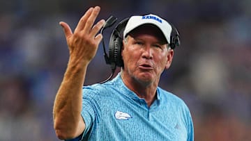 Aug 29, 2024; Kansas City, Kansas, USA; Kansas Jayhawks head coach Lance Leipold reacts during the first half against the Lindenwood Lions at Children's Mercy Park. Mandatory Credit: Jay Biggerstaff-Imagn Images